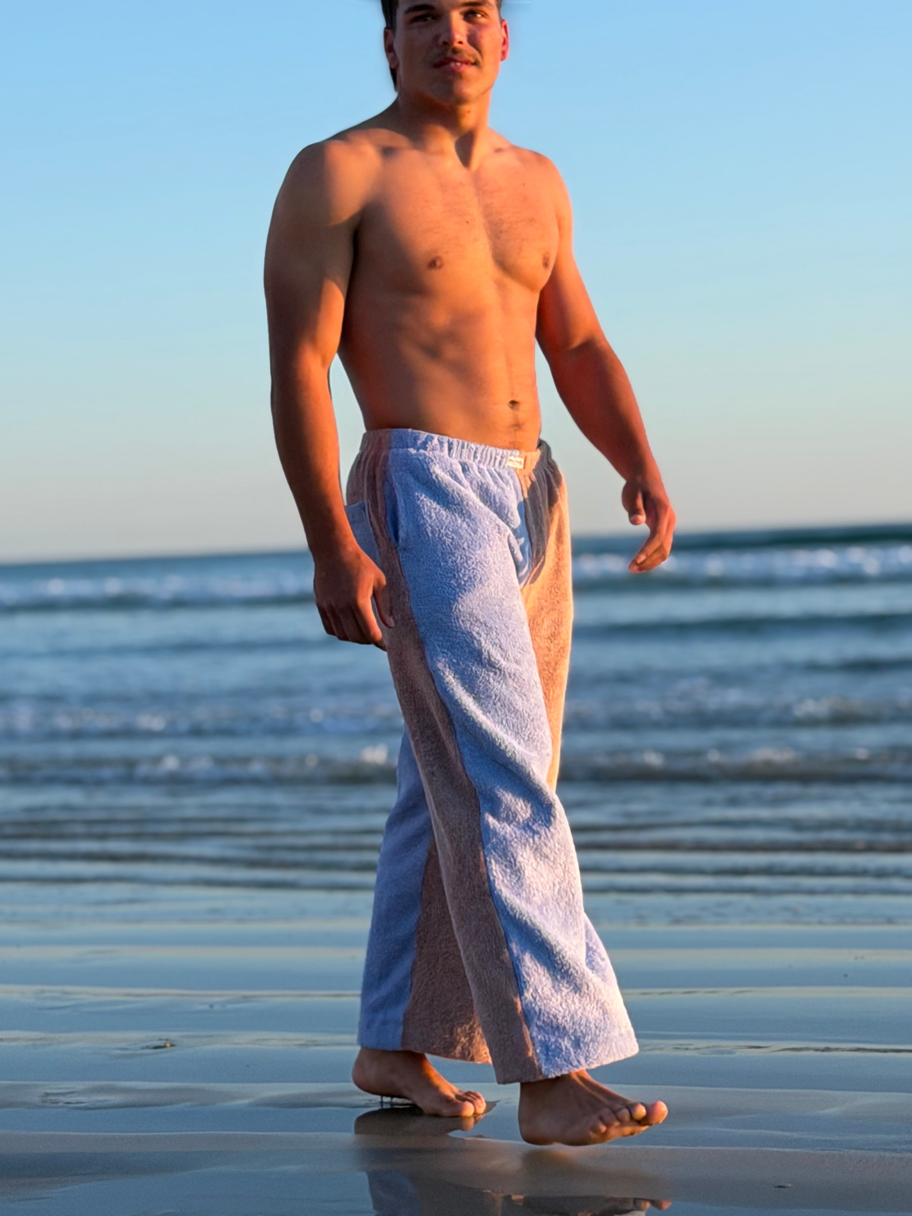 Two Tone Towel Wide Leg Pants - Blue and Mauve