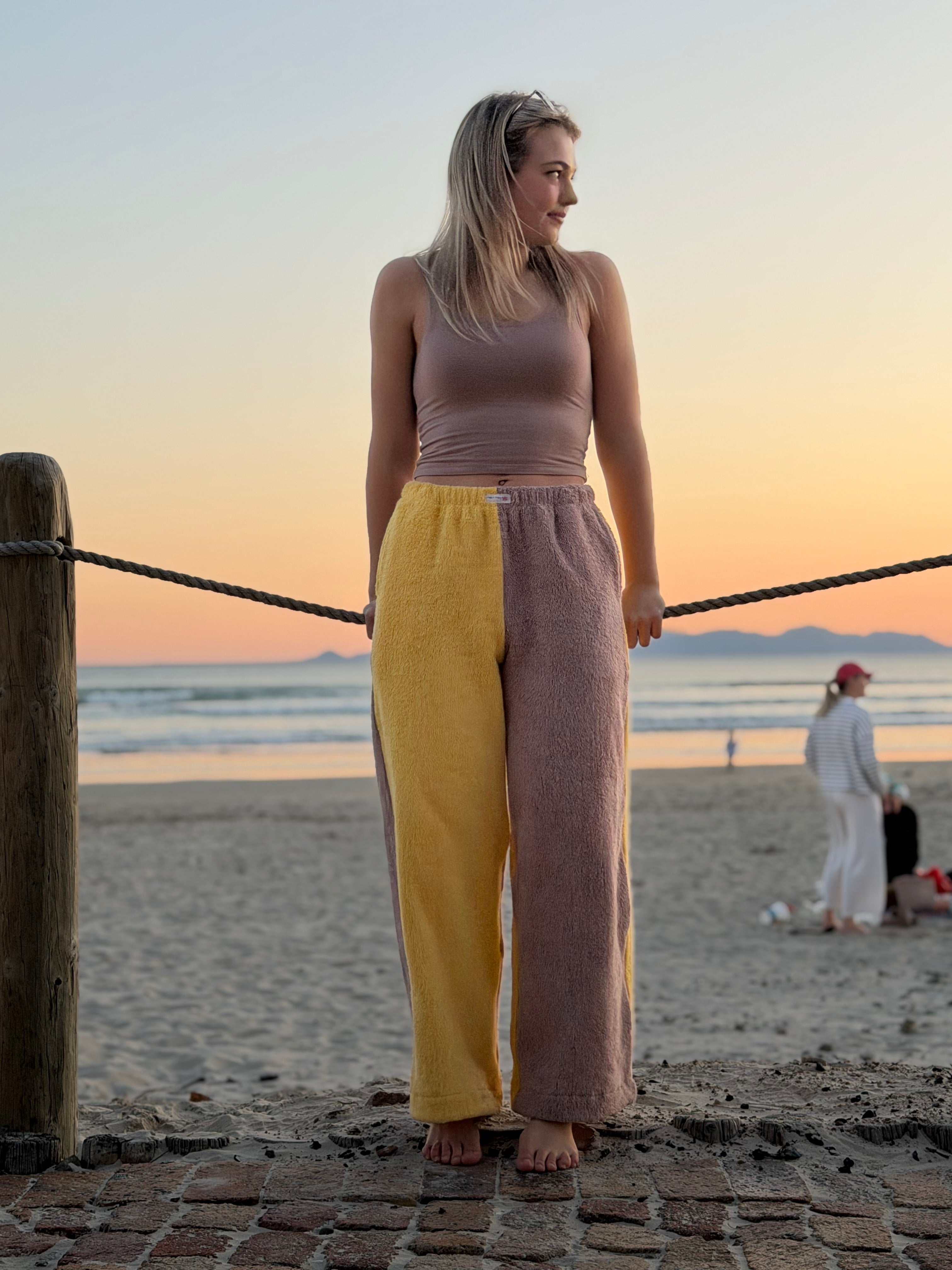 Two Tone Towel Wide Leg Pants - Mustard and Mauve