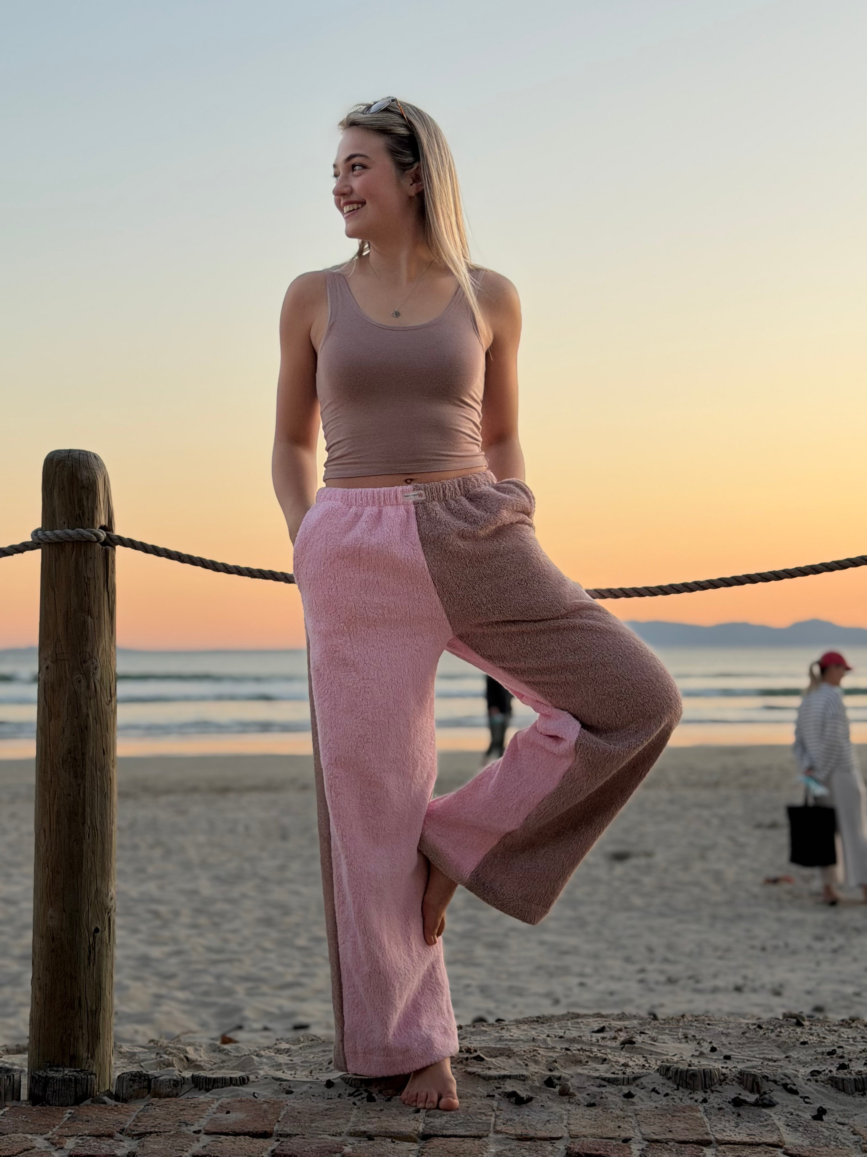 Two Tone Towel Wide Leg Pants - Pink and Mauve