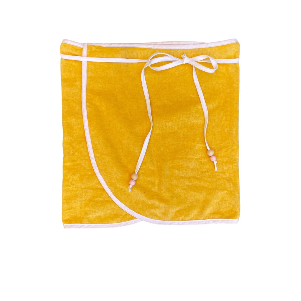 Yellow towel with white drawstring on a white background. Beach Wrap Skirt 