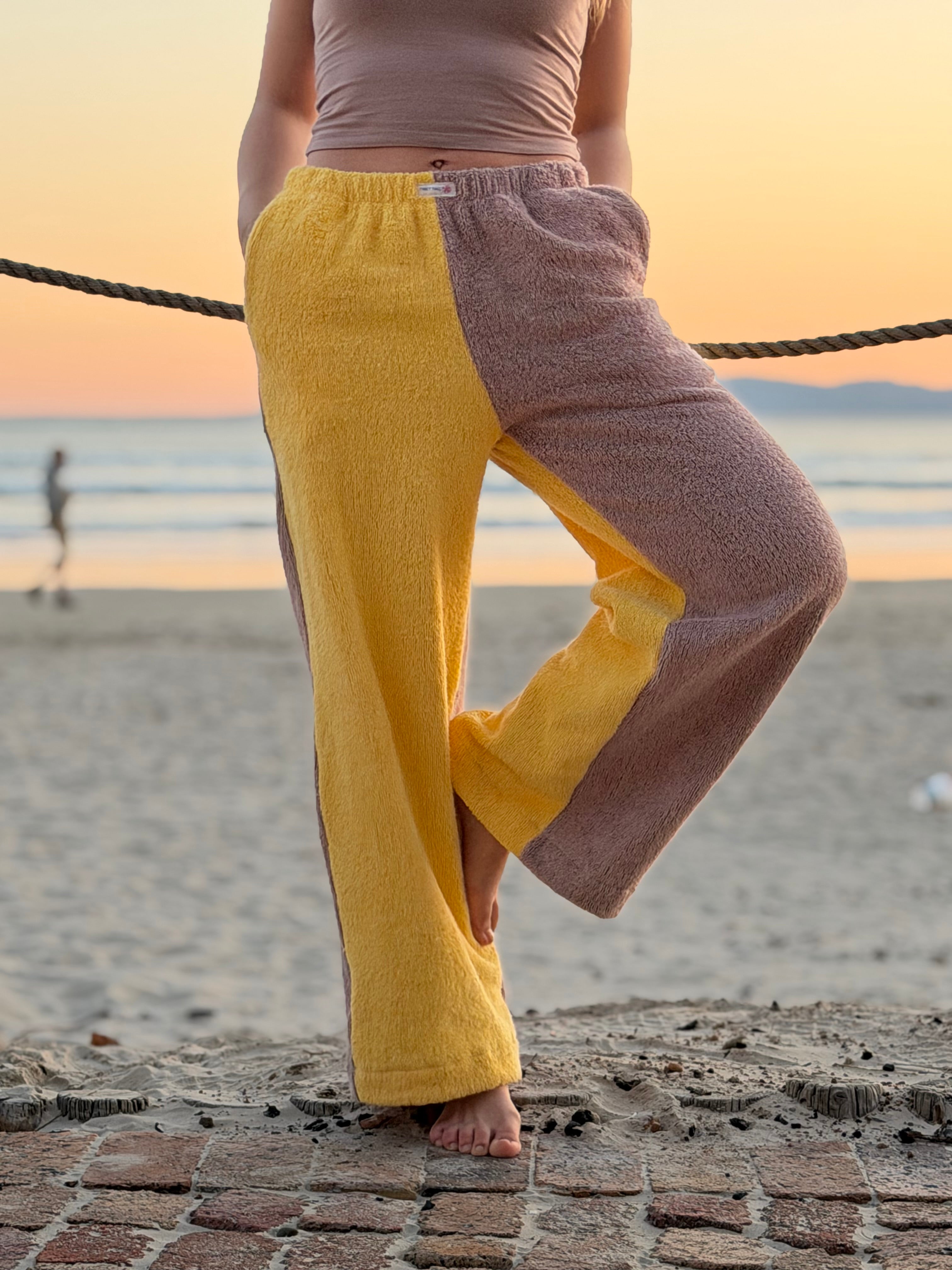 Two Tone Towel Wide Leg Pants - Mustard and Mauve