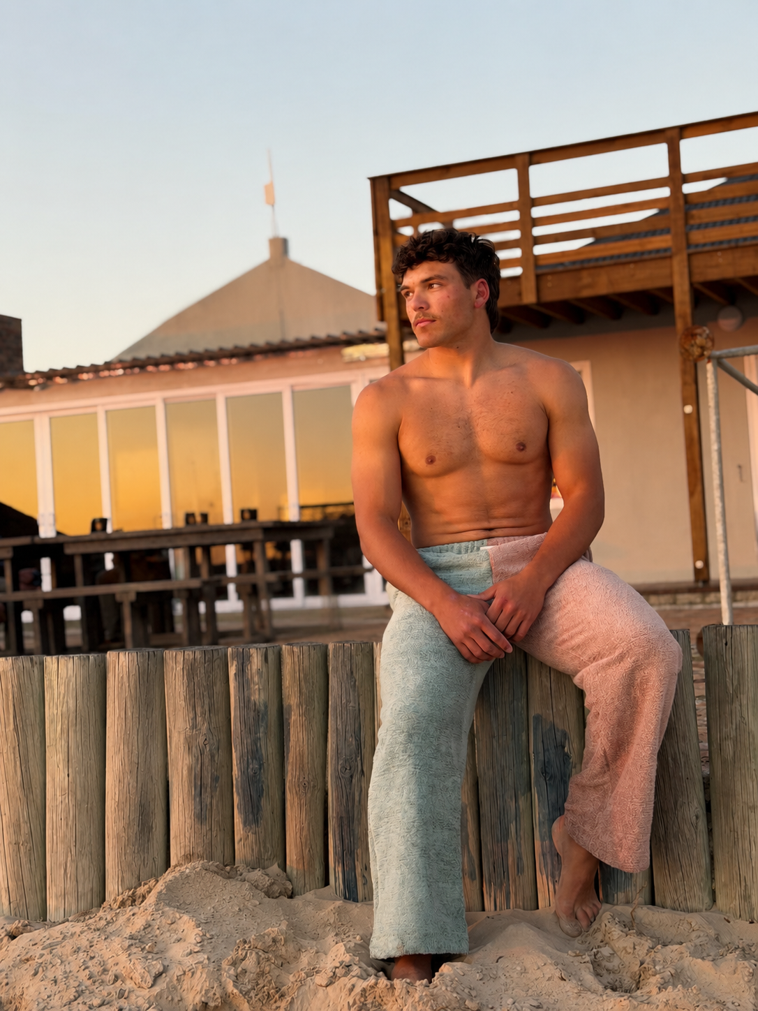Two Tone Towel Wide Leg Pants - Mint and Mauve