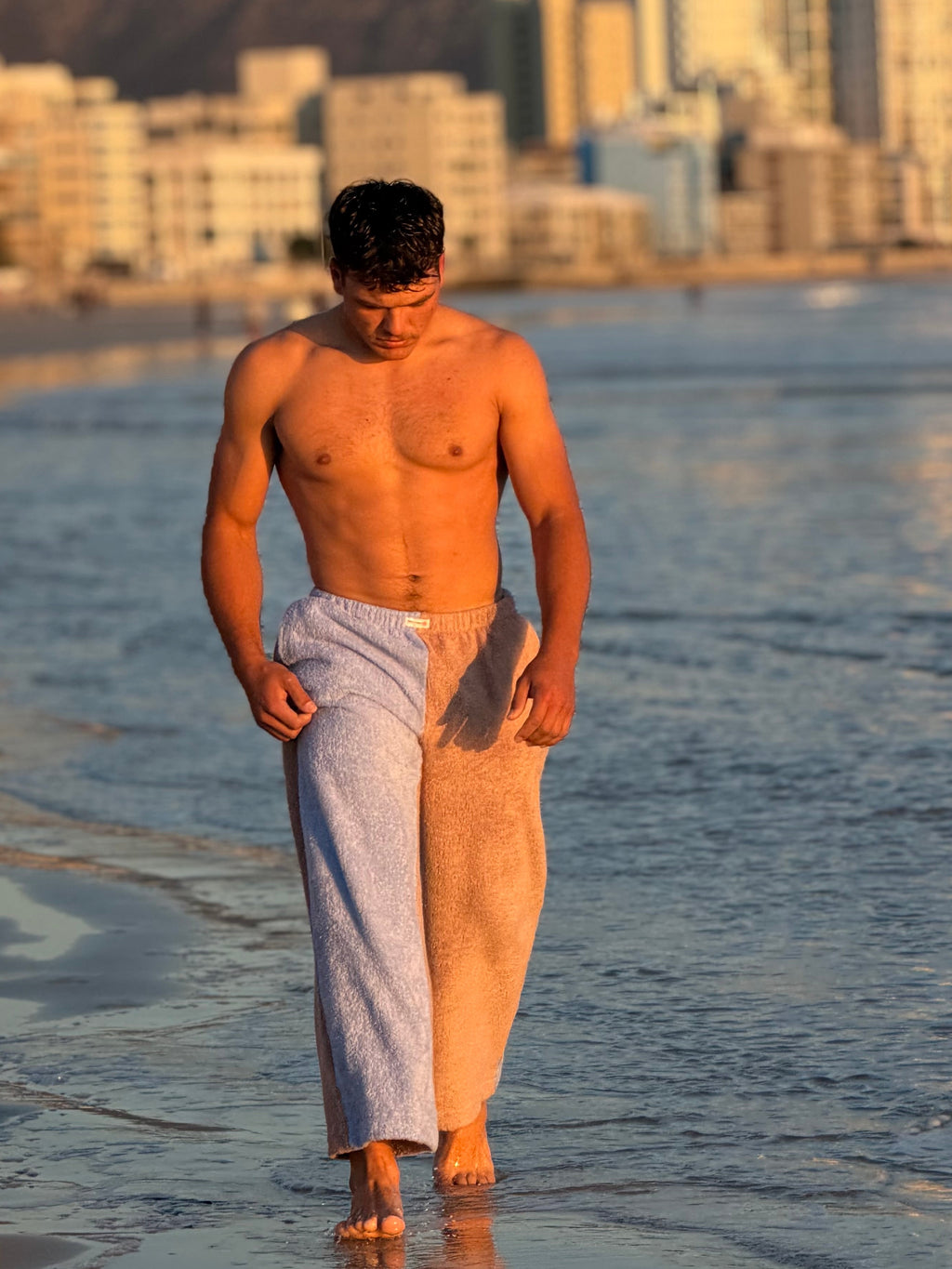 Two Tone Towel Wide Leg Pants - Blue and Mauve